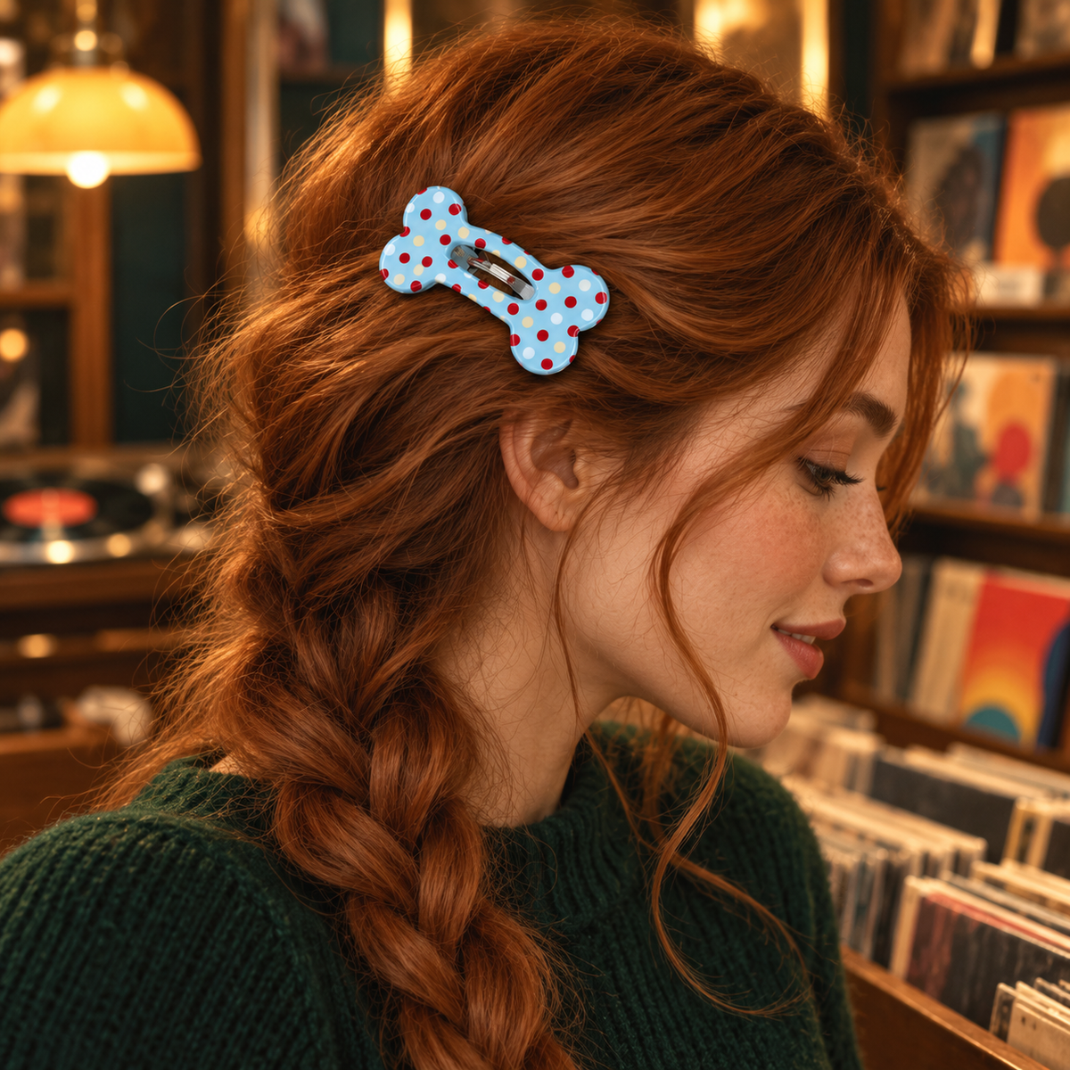 Blue Polka Dot Bone-Shaped Hair Clip